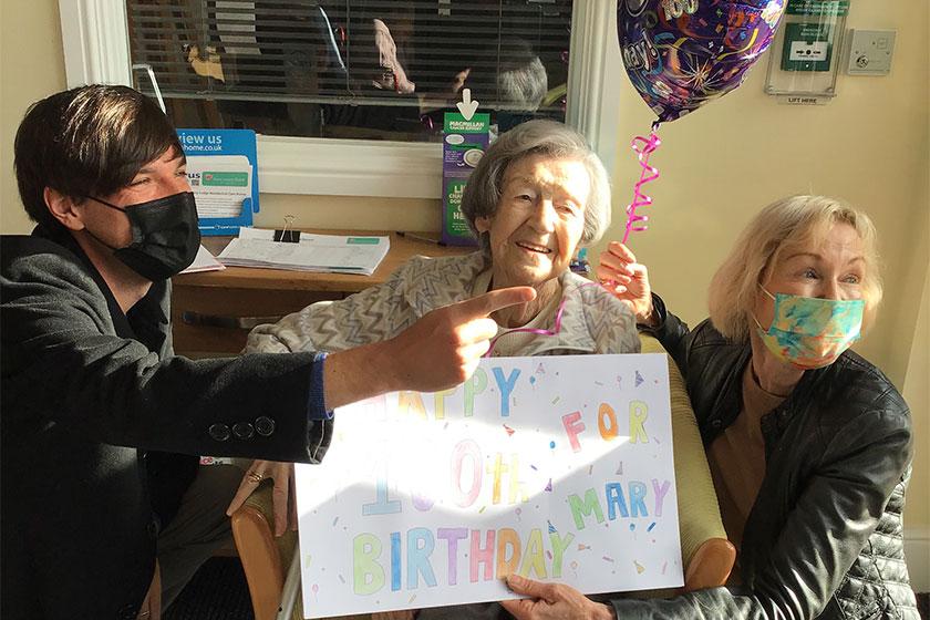 Mary's extra special centenary celebrations David and Myra Weeks, with Mary Foley at Mary's birthday celebrations at Barony Lodge Residetial Care Home in Nantwich, where Mary receives residential care