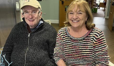Resident Barry and Sister Carol Shiner Brother and Sister sit smiling at Care Home