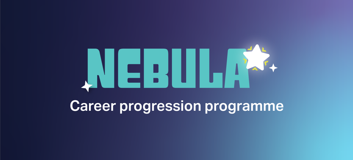 Graphic displaying the text “NEBULA Career progression programme” with decorative star icons on a dark blue to light blue gradient background.