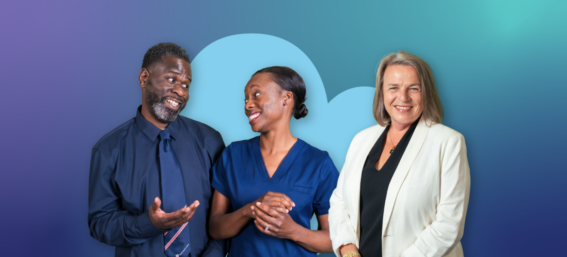 ID26 Jobs management careers - Banner Three people in business attire standing together with folded arms in front of a blue heart-shaped background.
