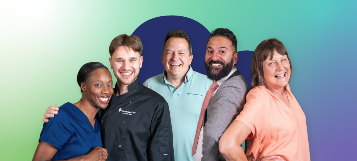 A group of five people in different workwear and clothing standing together and facing the camera against a green and blue background with large heart shape