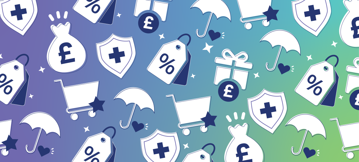 Rewards and benefits themed illustration featuring discount tags, pound symbols, money bags, gift boxes, shopping trolleys, umbrellas, shields with crosses, stars and hearts on a blue to green gradient background.