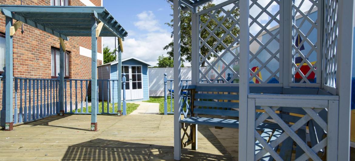 The decked garden at Pinewood Residential Care Home.