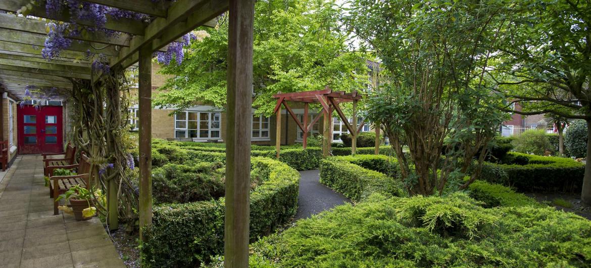 The landscaped gardens at Aashna House Residential Care Home