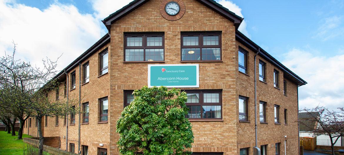 Abercorn House Care Home front view with Sanctuary Care home sign.