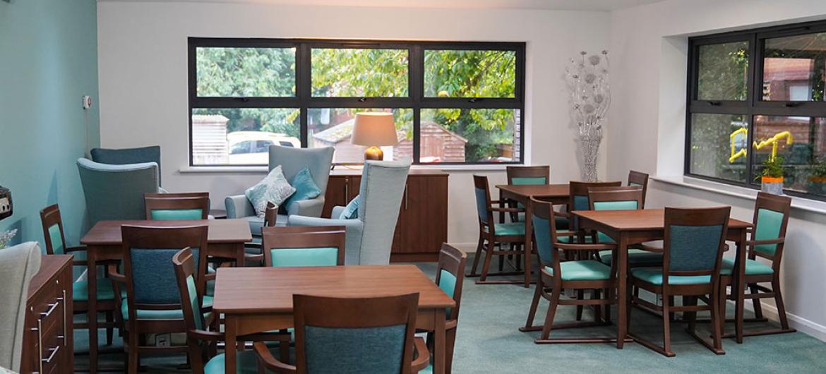 Bright and airy seating area at Hastings Care Home in Malvern