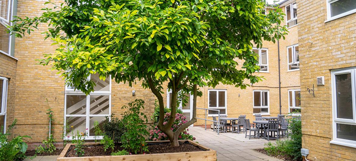 An airy outdoor space with a slabbed patio area with outdoor seating as well as a matching walkway around the grass and planted areas.