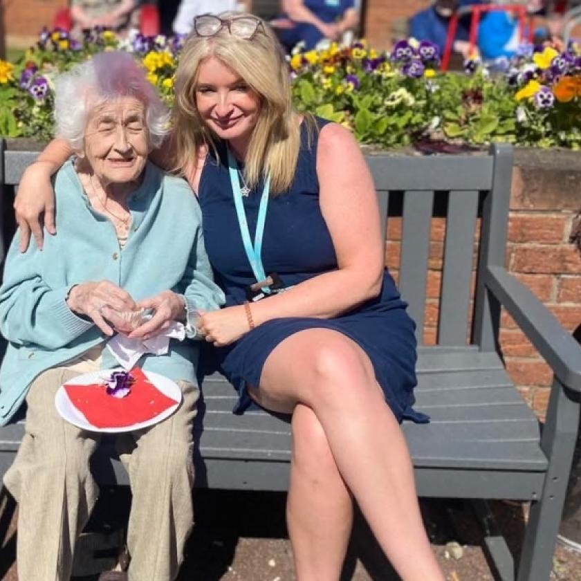 Home manager Sandra and resident Violet enjoying the celebrations