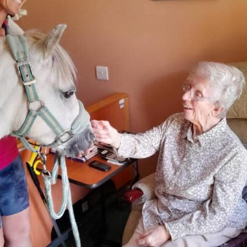 Resident smiles as she strokes a pony