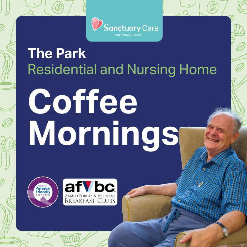 An elderly man sits smiling in a chair on a poster promoting veteran coffee mornings