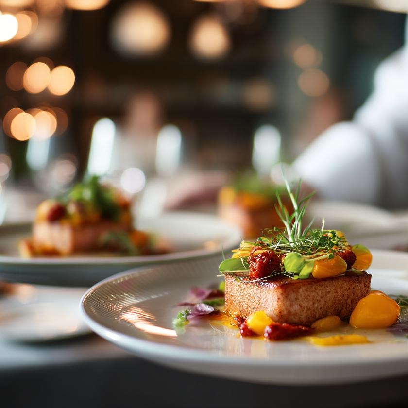 A waiter presents a plate of food, showcasing a well-prepared meal in a restaurant setting.