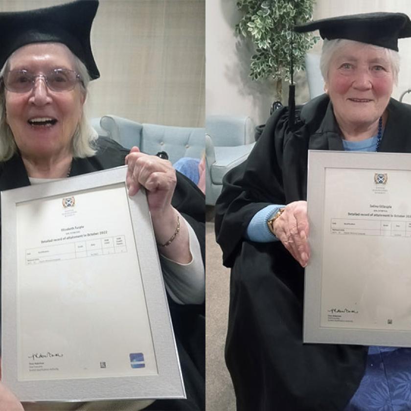 Betty Turpie and Selina Gillespie, residents at our Westwood House Care Home in East Kilbride with their exam certificates after taking French lessons 