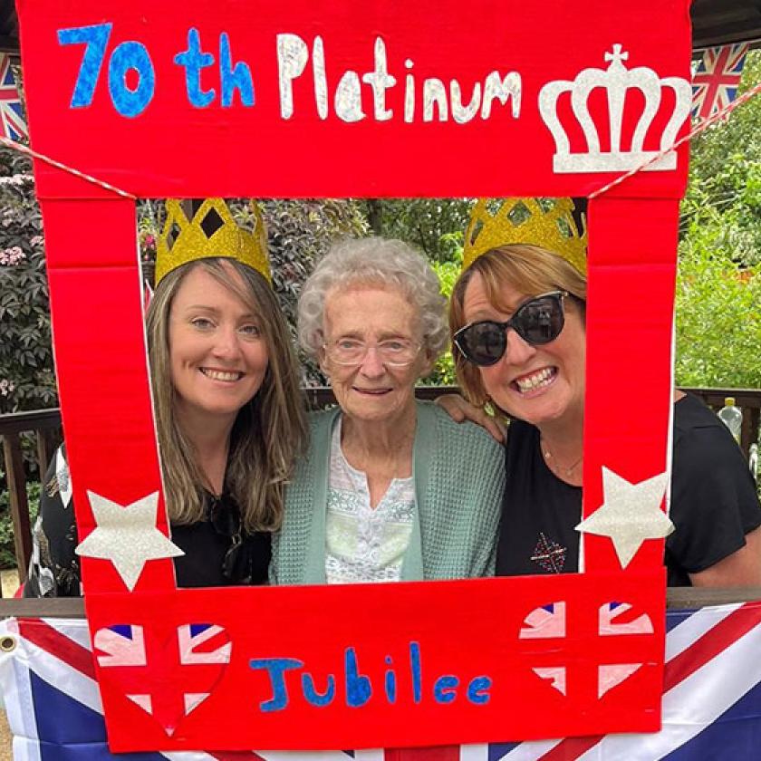 “It’s her home and she’s safe there” – Christine and Betty’s journey Betty and her family at a Jubilee celebration at Upton Dene Residential and Nursing Home in Chester