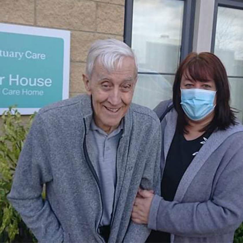 Mary Stilgoe and father Matthew Laverty outside Juniper House Residential Care Home in Worcester 