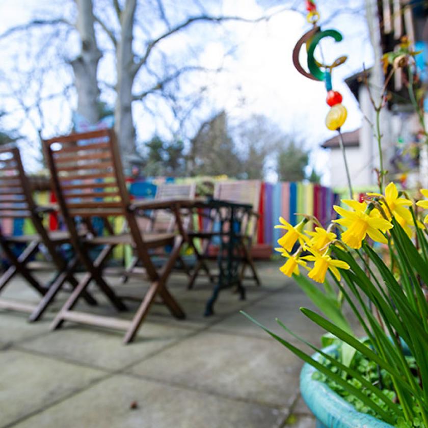 Outdoor seating and gardens at Birch House