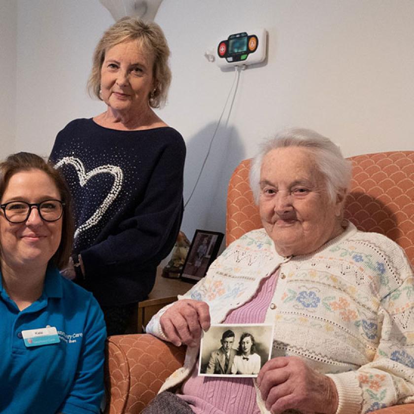 Kate, Activities Coordinator at Westmead Residential Care Home in Droitwich with resident Eileen Collett and her daughter Susan Pugh 