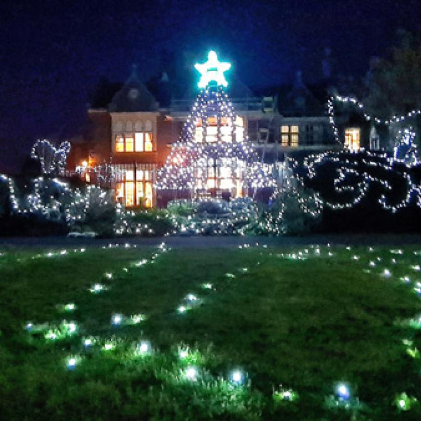 The Rosary Nursing home at night with Christmas lights displayed